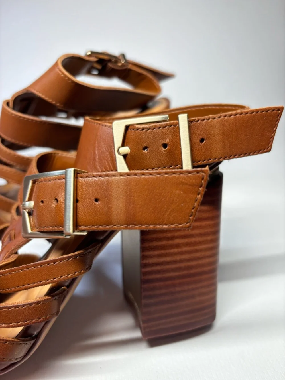Vince Camuto Cognac Brown Gladiator Block Heel Sandals Buckle Strap Heels Size 6